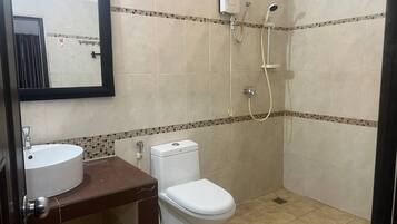 Shower, bidet, towels, soap