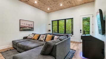 Televisie, een open haard en een kantoor