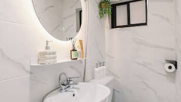 Hair dryer, towels, soap, toilet paper