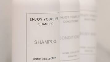 Hair dryer, towels, soap, toilet paper