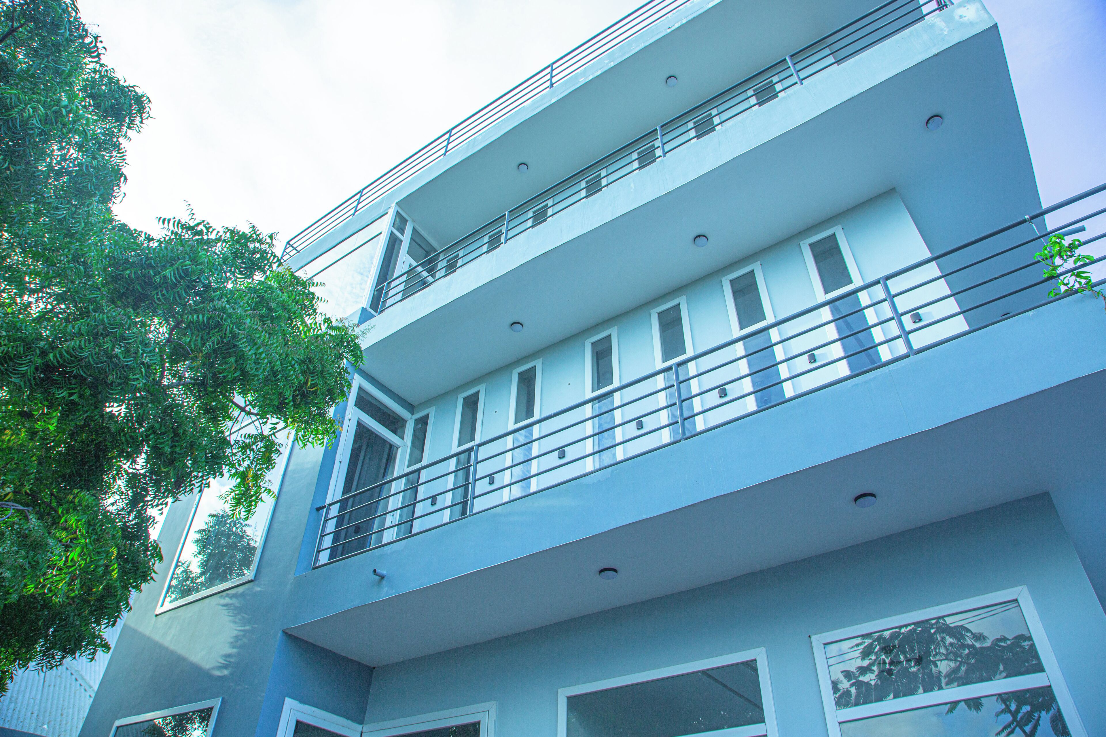 A multi-story building with balconies, large windows, and a tree in the foreground.