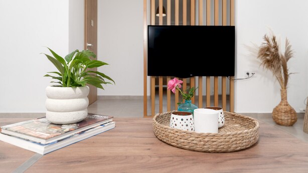 Un salon moderne avec un plancher en bois, une plante en pot, un magazine, un plateau en osier contenant deux tasses, un téléviseur et une cloison en bois.