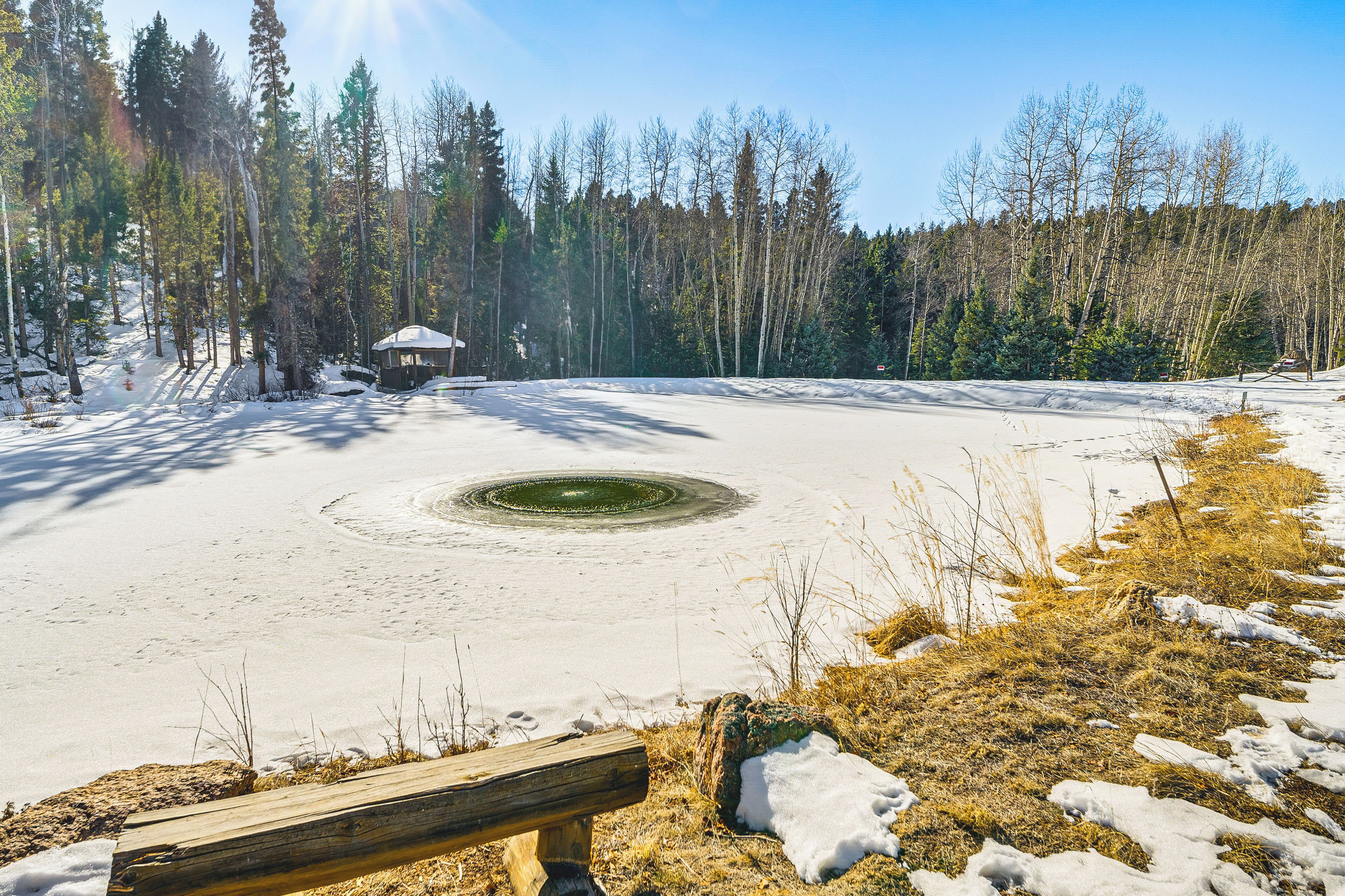 A snowy landscape with a wooden bench, a small shelter, and a pond surrounded by trees.