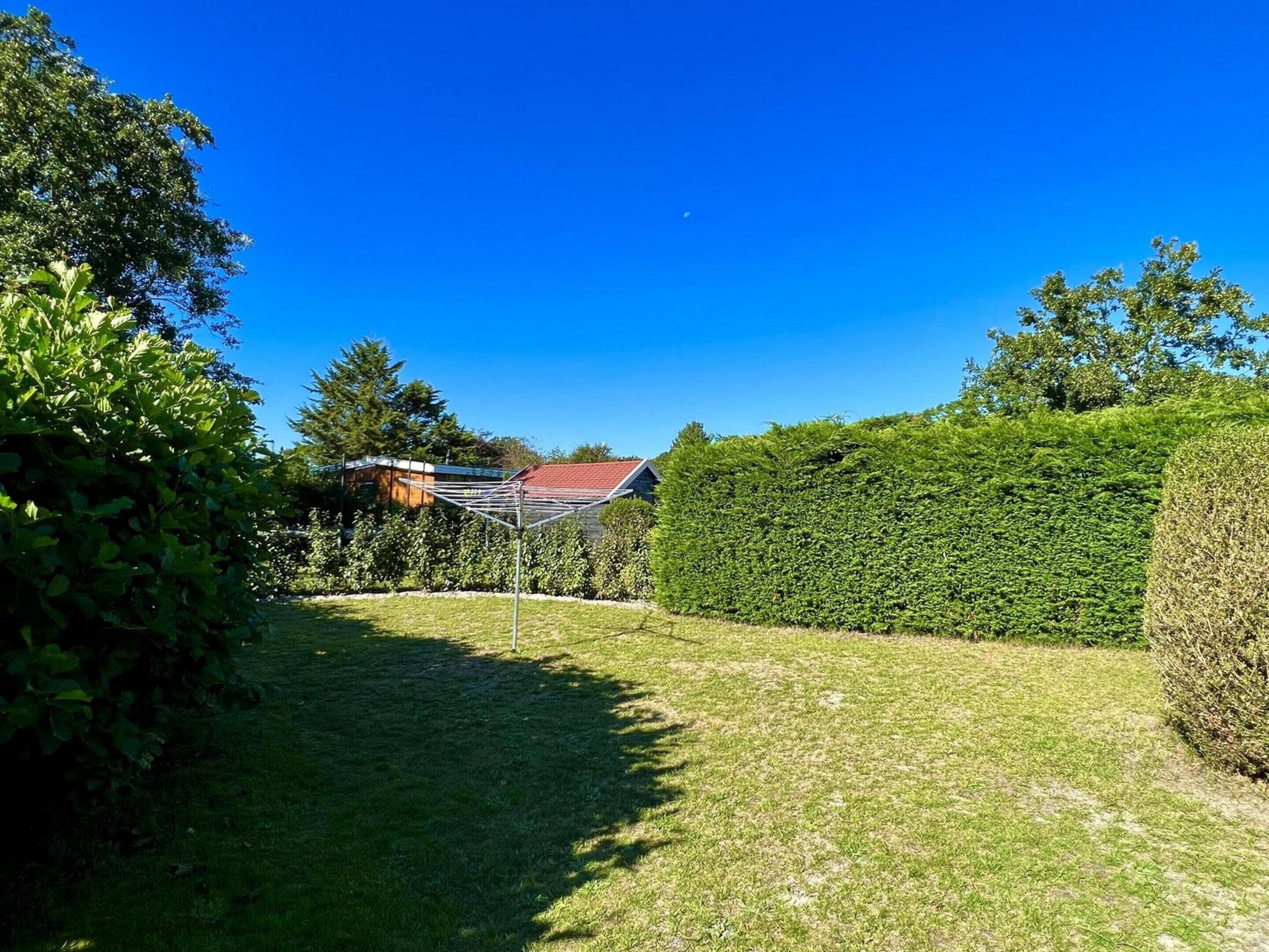 A backyard with a clothesline, a well-maintained lawn, and a hedge.
