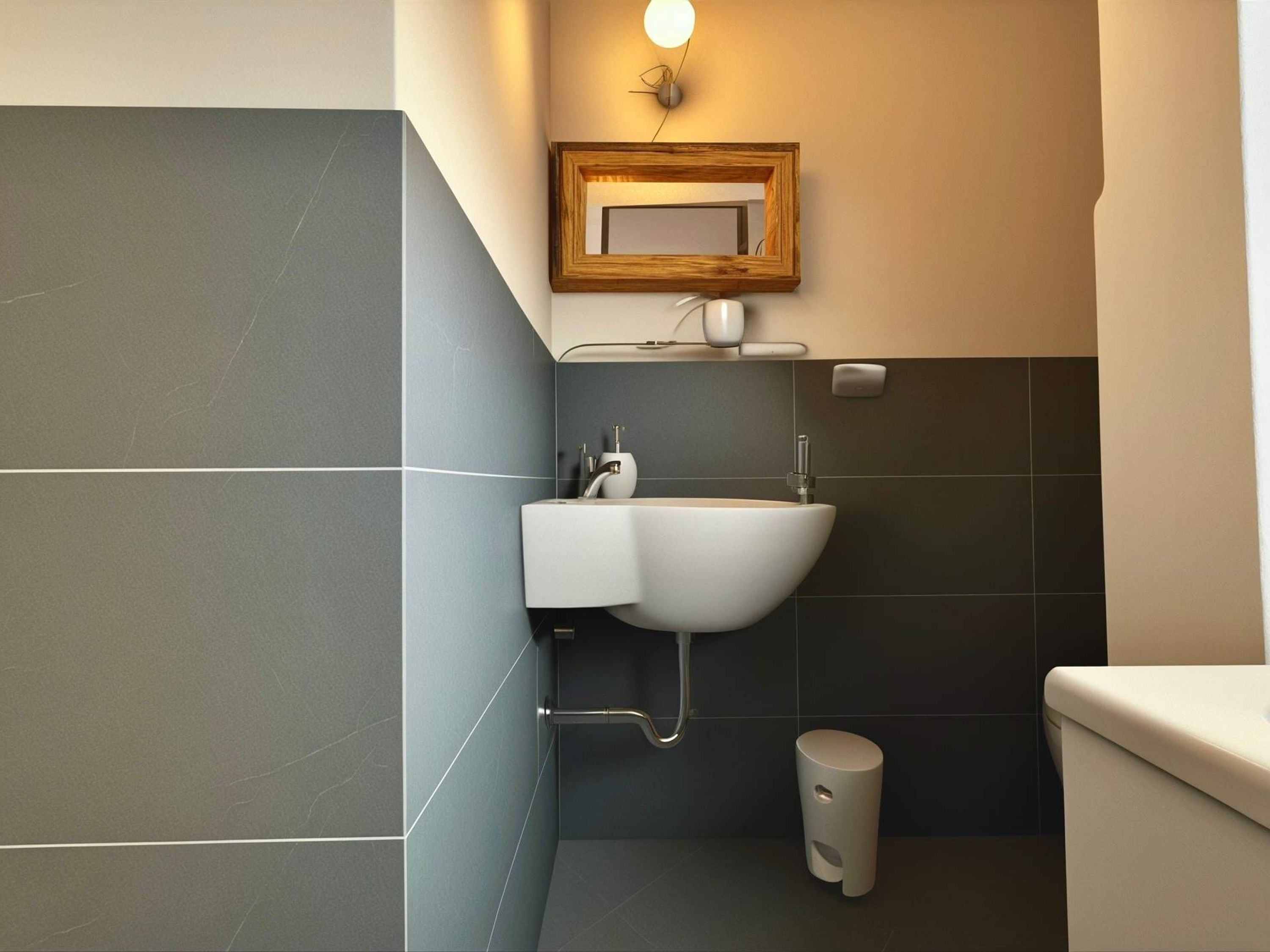 Un baño moderno con un lavabo blanco, baldosas oscuras, un espejo con marco de madera y un pequeño cubo de basura.