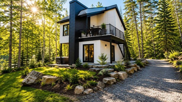 A modern two-story house with a balcony, surrounded by a forest.