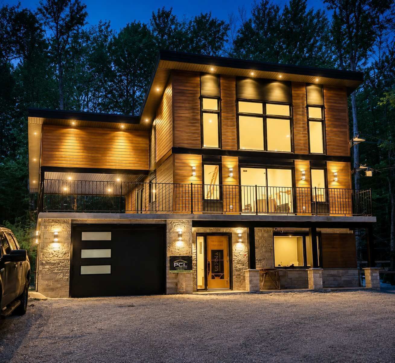 Une maison moderne à deux étages, dotée d’un garage, de grandes fenêtres et d’une entrée bien éclairée.