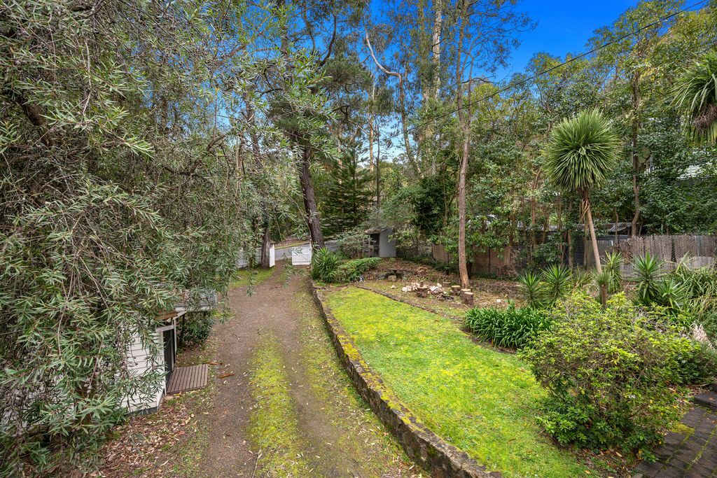 A garden with a pathway, a small shed, and various plants.