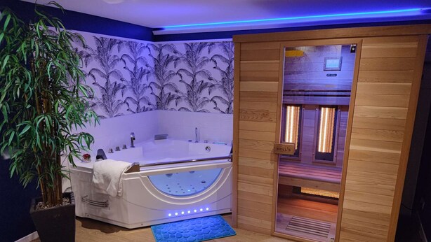 Un baño moderno con una bañera independiente, una sauna de madera y una planta grande en maceta.