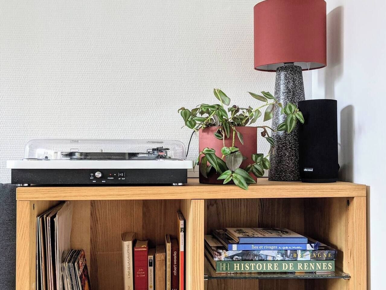 Una estantería de madera con un tocadiscos, una lámpara roja y una planta.
