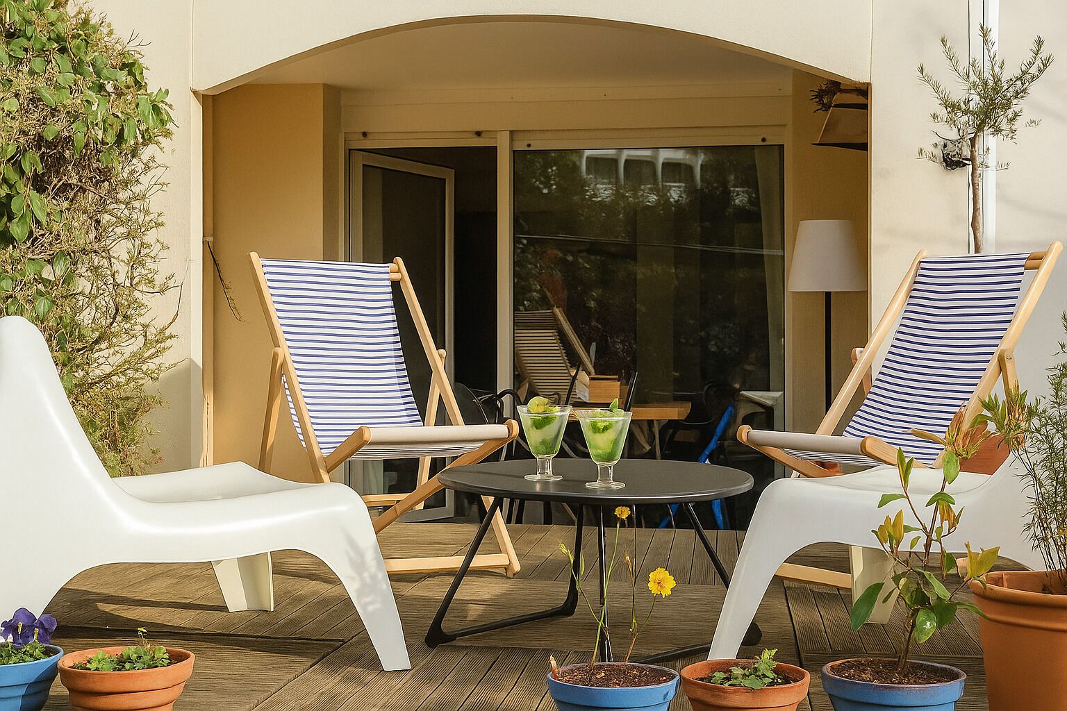 Une terrasse avec deux chaises longues à rayures, une petite table ronde et des plantes en pot.