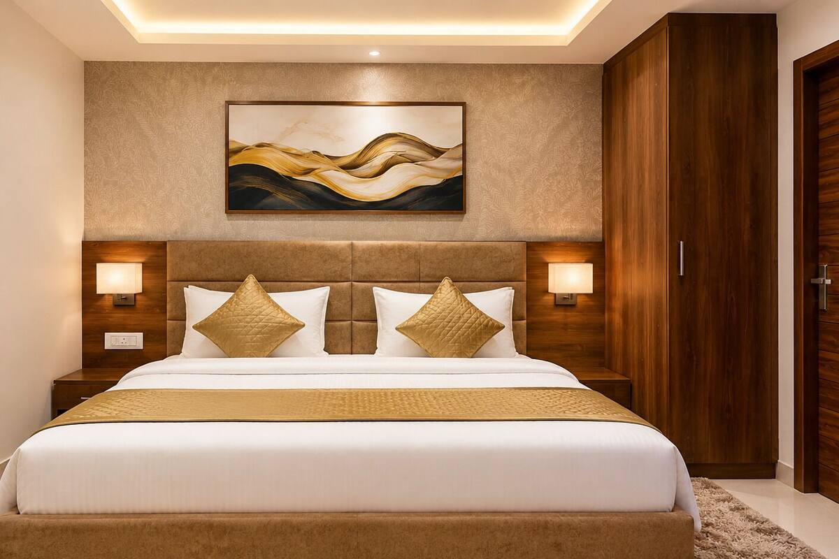 A hotel room with a large bed, wooden headboard, two bedside lamps, a painting on the wall, and a wooden wardrobe.