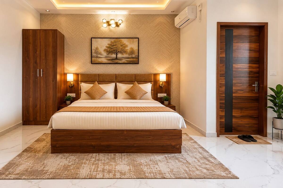 A modern bedroom with a wooden bed, two bedside tables with lamps, a large window, and a door with a vertical wooden panel.