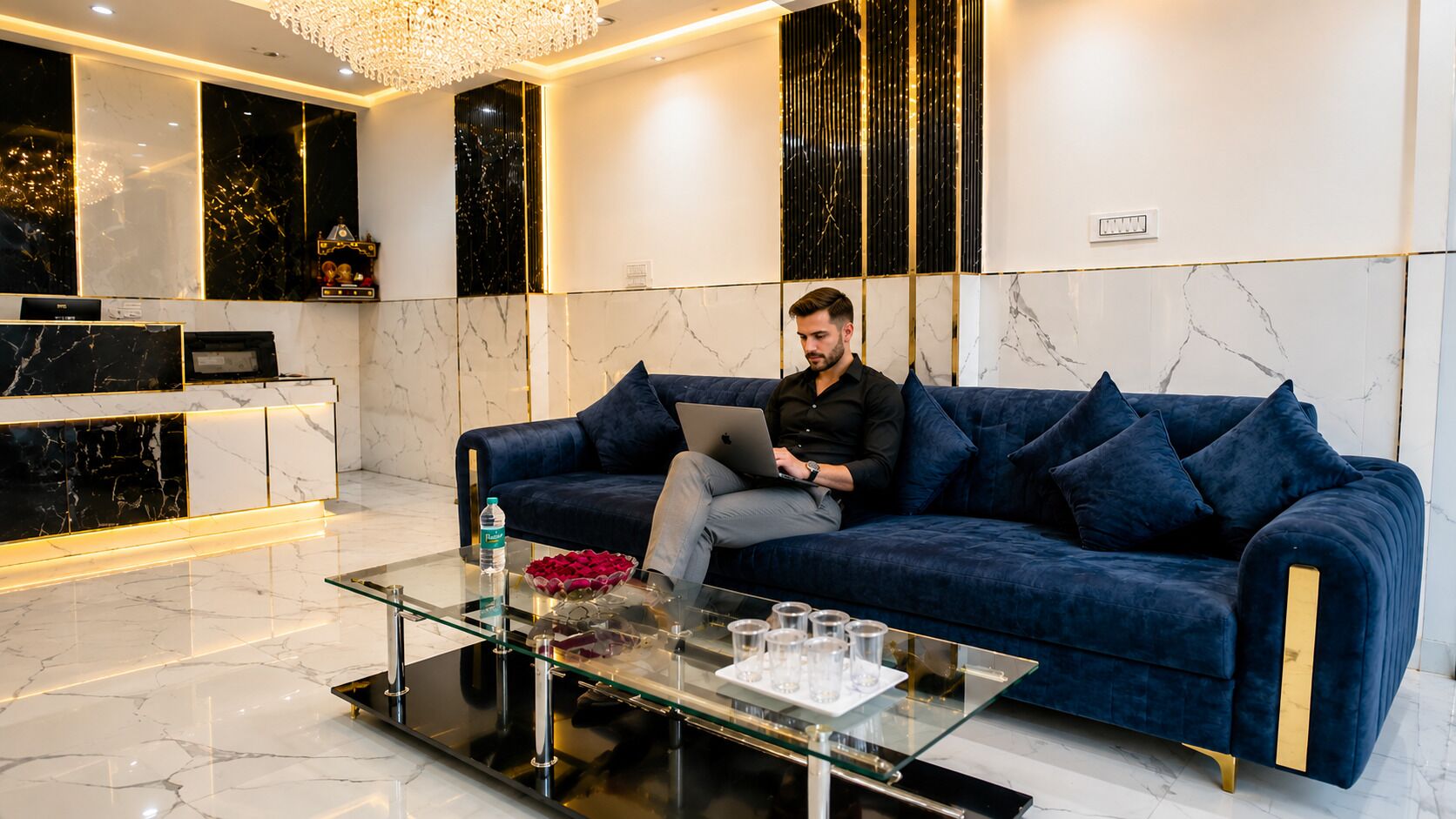 Ein modernes Wohnzimmer mit einem dunkelblauen Sofa, einem Glastisch und einem Laptop.