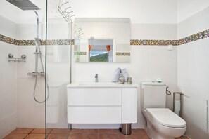 Shower, hair dryer, towels