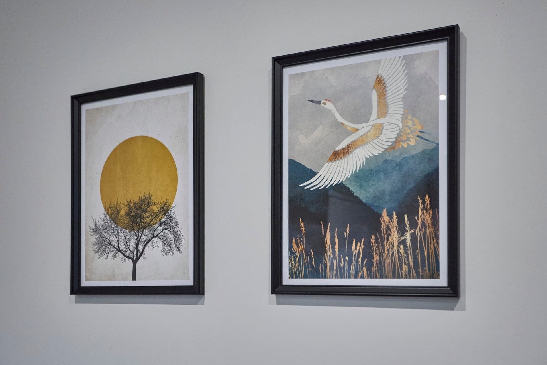 Two framed artworks on a wall.