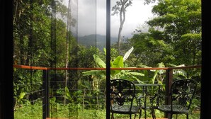 A balcony with two chairs and a wooden table, overlooking a lush green landscape with trees and mountains in the distance. - Mogambo Ecolodge, a Private Botanical Garden Stay near Bogota (Bogotá)