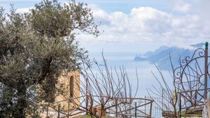A coastal landscape with a tree, a wire fence, and a building in the background. - Villa Lavinia (Positano)