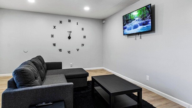 A modern living room with a grey sofa, a black coffee table, and a wall-mounted TV displaying a nature scene.