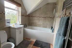 Shower, hair dryer, towels, toilet paper