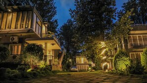 Une maison moderne avec un chemin de pierre menant à l’entrée, entourée d’une végétation luxuriante.