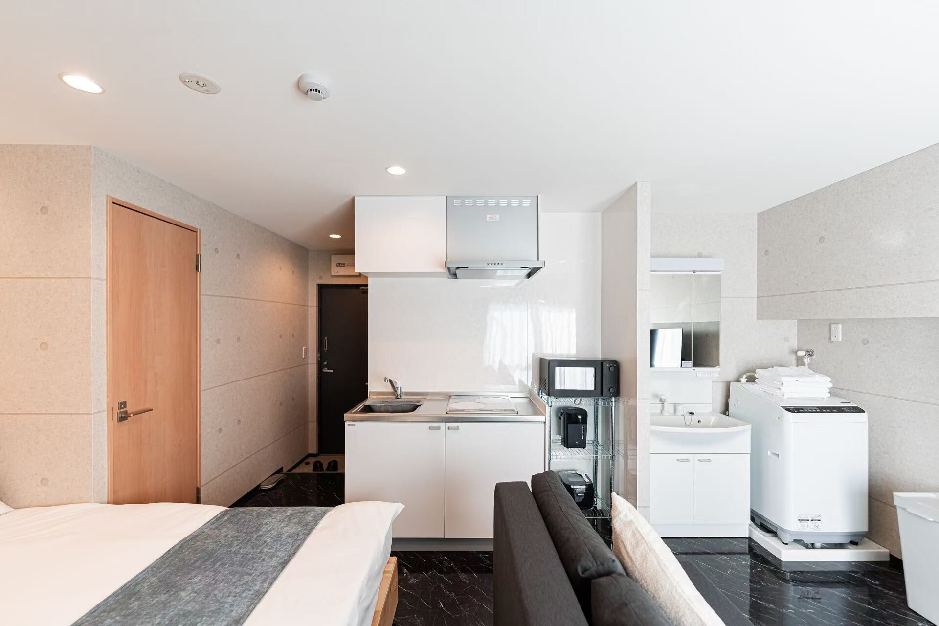 Fridge, microwave, electric kettle, cookware/dishes/utensils