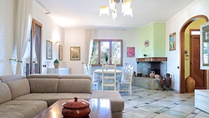 A living room with a sofa, a dining table with chairs, a fireplace, and a kitchen area.