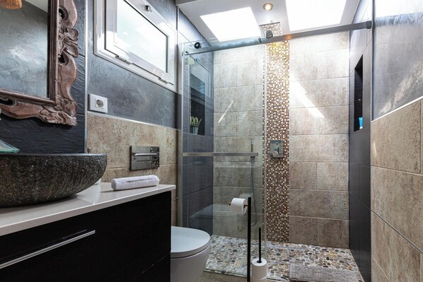 Un baño moderno con ducha envuelta en vidrio, un lavamanos de piedra grande y un inodoro.