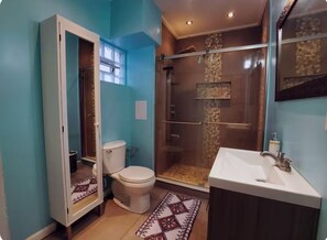 Hair dryer, towels, soap, shampoo