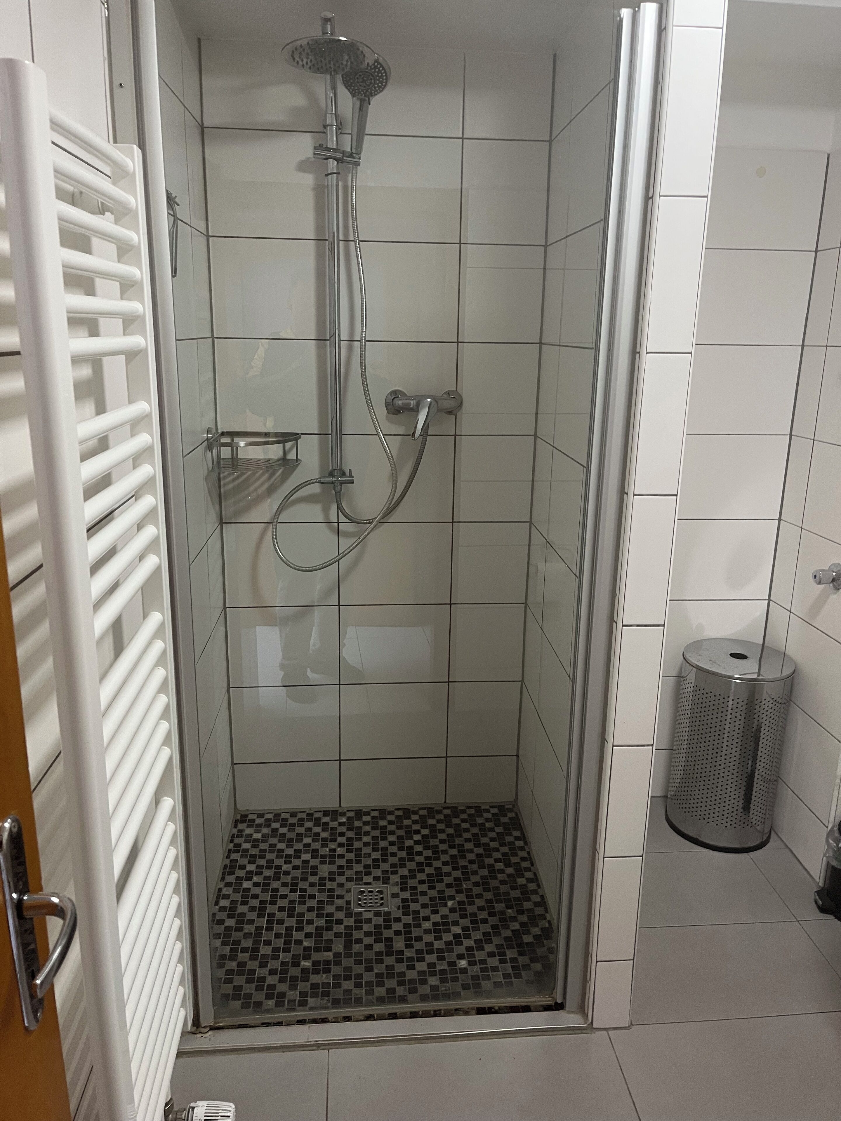 Een douche, handdoeken, zeep, toiletpapier