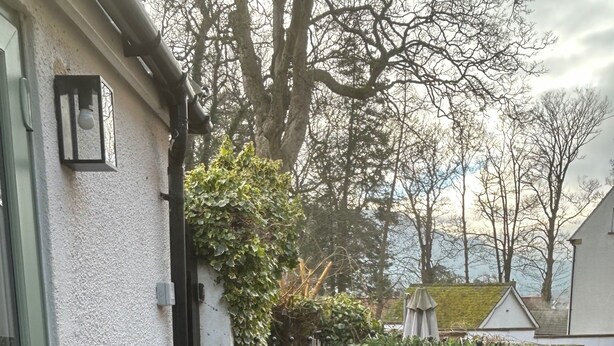 Un étroit sentier de pierre mène à une entrée fermée par un portail, de part et d’autre se trouvent des plantes en pot et un mur blanc agrémenté d’un luminaire.
