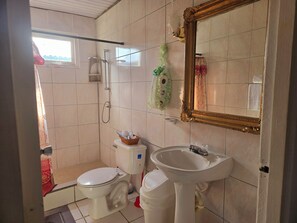 Douche, serviettes fournies, savon, papier toilette