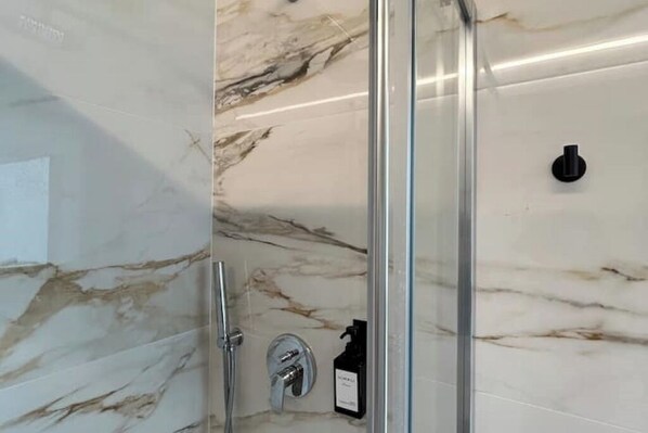 Shower, hair dryer, soap