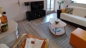 A living room with a sofa, a TV, a coffee table, and a patterned rug. - T2 between sea and pond   (Sète)