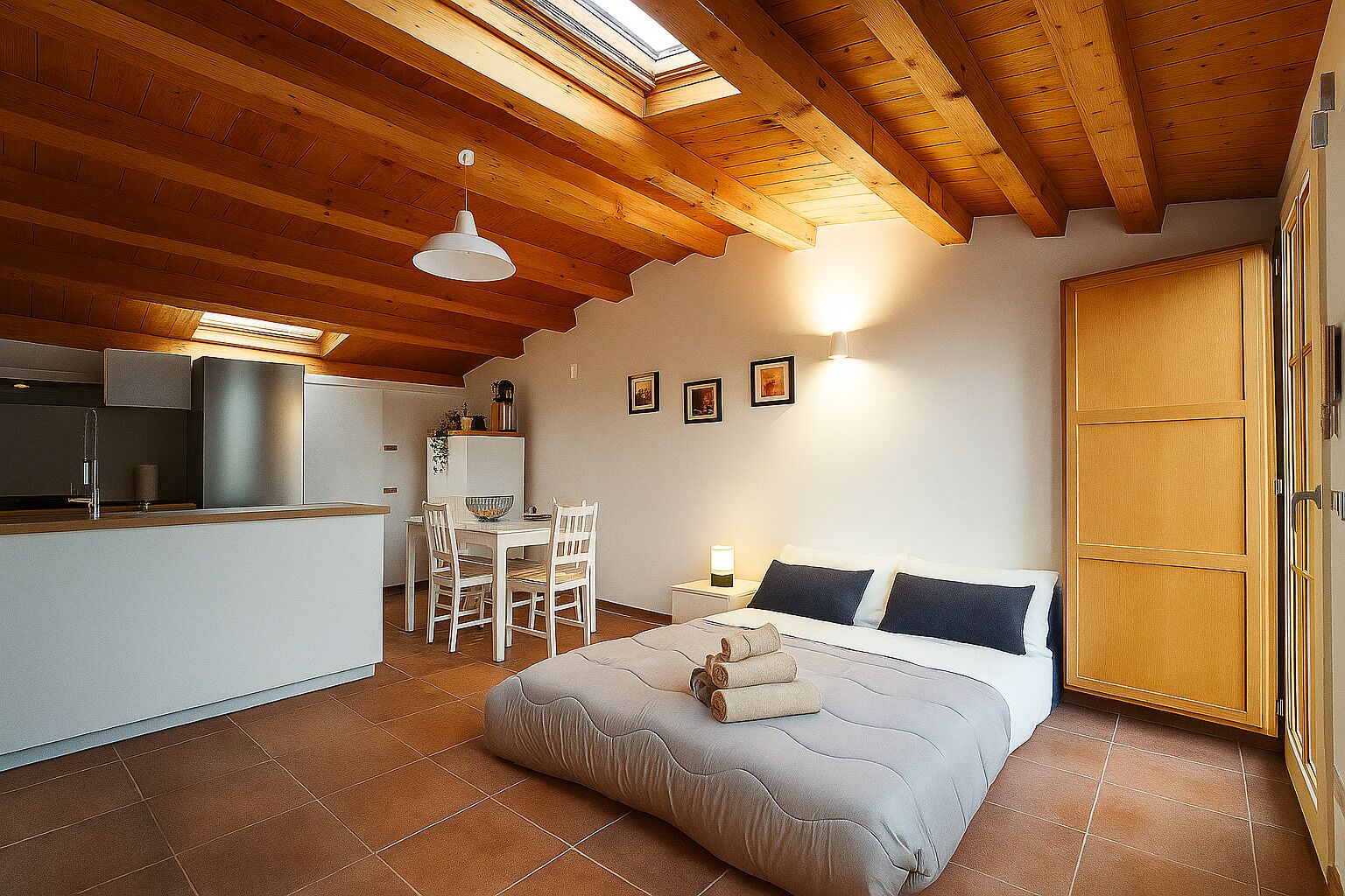 A bedroom with a bed, a dining table, chairs, a kitchen area, and a wooden ceiling.