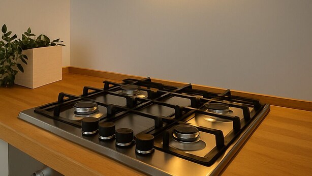 A kitchen with a gas stove, oven, and a stainless steel range hood. - La Terrazza del Garraffello (Palermo)