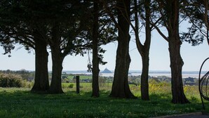 A pathway lined with trees leading to a distant view of a hill. - Magic Mountain breathtaking view of Mt Stmichel Bay (Dragey-Ronthon)
