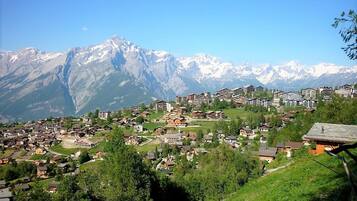 A mountainous village with traditional houses and modern buildings, surrounded by snow-capped peaks.