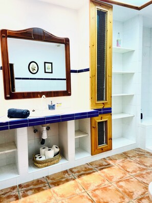 Shower, hair dryer, bidet, towels