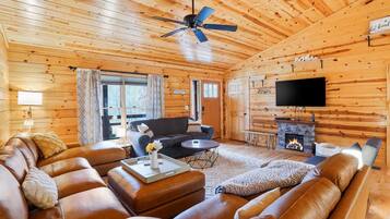 Smart TV, chimenea, reproductor de DVD y libros