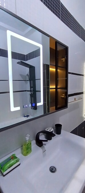 Hair dryer, towels, soap, toilet paper