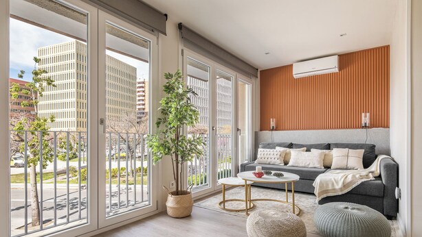 Una sala de estar moderna con un sofá gris, una mesa de centro y una planta en maceta.