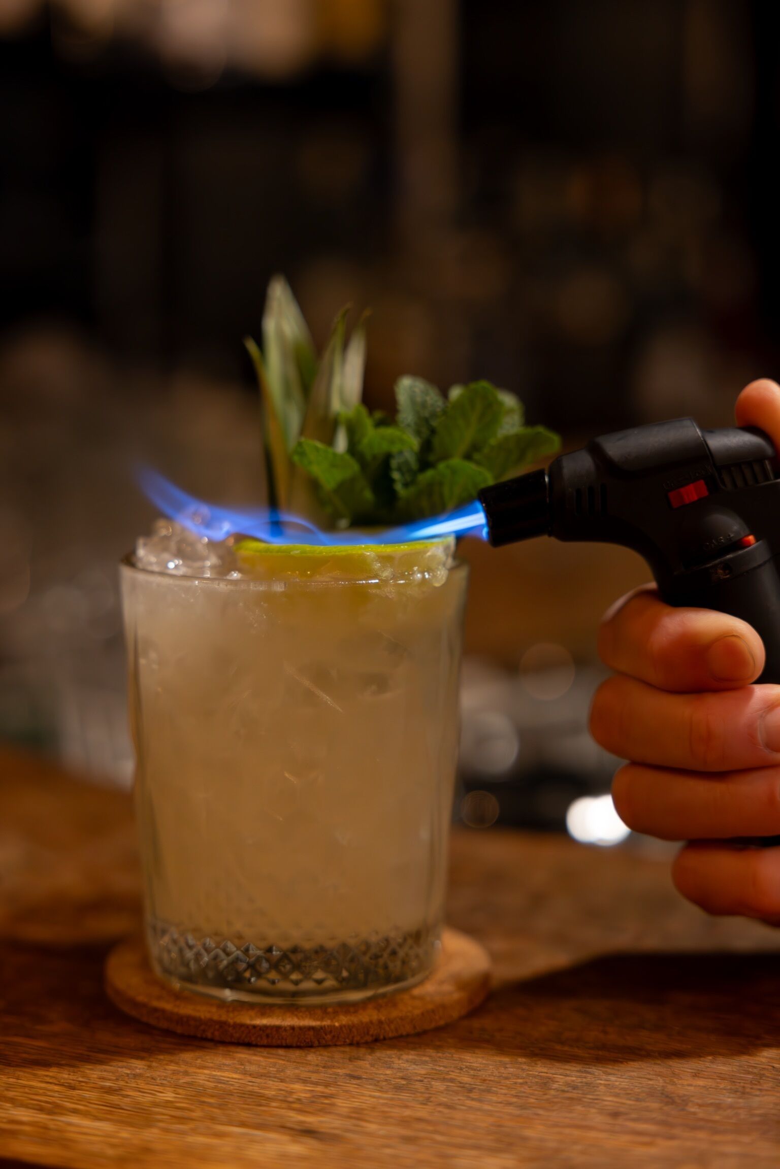 Une main tenant un briquet près d’un verre contenant des glaçons et une tranche de citron, avec une plante en arrière-plan.