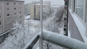 Vista desde una ventana sobre un paisaje urbano nevado con edificios y árboles desnudos.