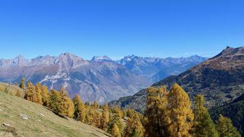 A mountainous landscape with autumn foliage and distant peaks.