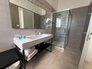 Secadora de cabello, toallas, jabón, papel de baño 