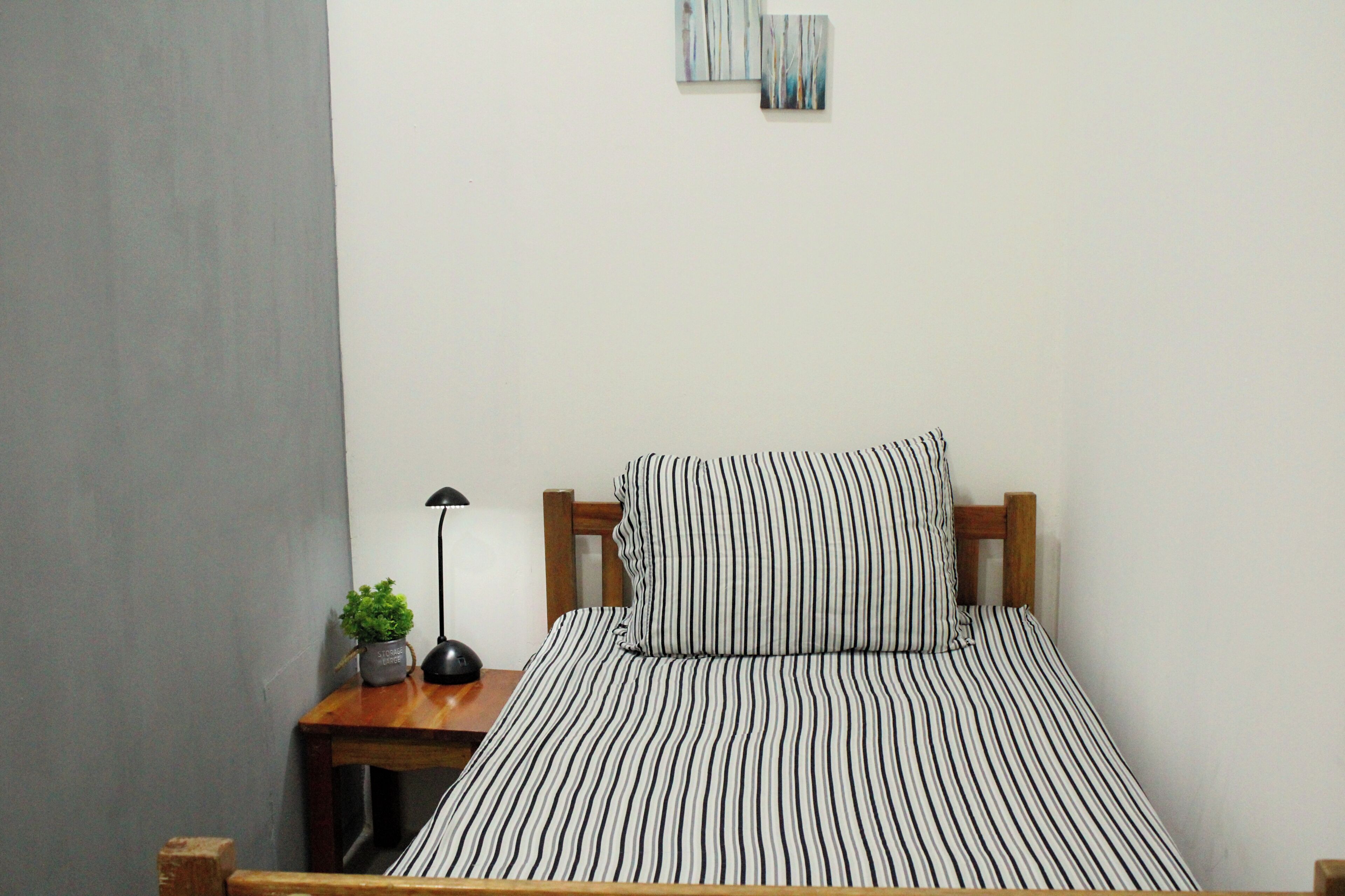 Una cama individual con una colcha a rayas y almohadas, una mesita de noche con una lámpara y una planta pequeña, y una pared con dos cuadros abstractos.