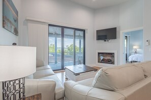 Smart TV, fireplace, video games, foosball