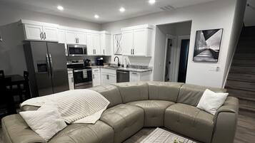 Smart TV, fireplace, DVD player, foosball