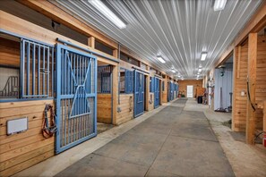 A stable with multiple stalls, each with a blue gate and a horse harness hanging on the wall. - Equestrian Estate | Indoor Pool, Theater, Game Rm (Schoharie)